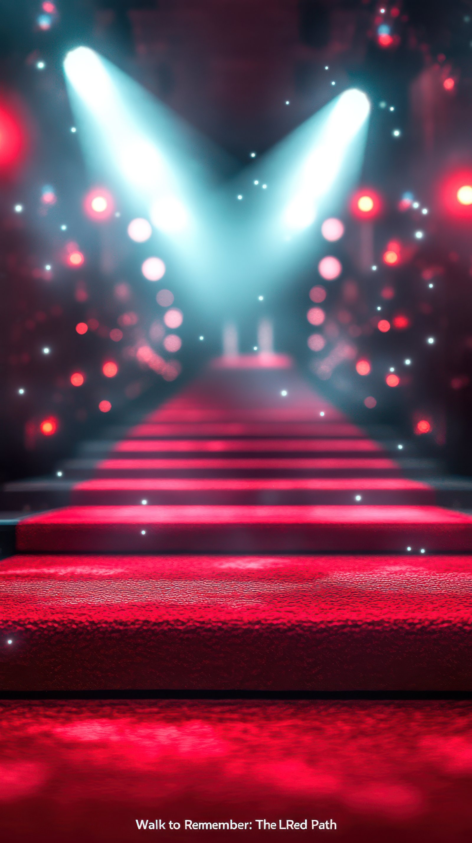 Illuminated red carpet leading to a stage with bright lights in a festive celebration setting at night